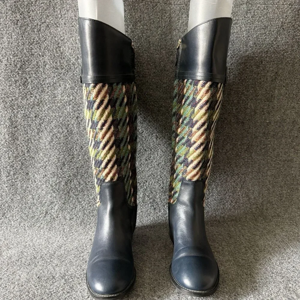 Tory Burch Miller Bouclé Tweed Leather Riding Tall Boots 7 M/38 Navy Blue Logo